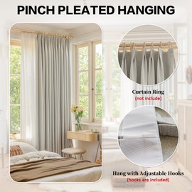 HUTO Faux Linen Pinch Pleat Solid Thermal Insulated 100 Percentage Blackout Patio Door Curtain Panel Drape for Traverse Rod and Track, White Birch Color 100 W x 84 L (One Panel)