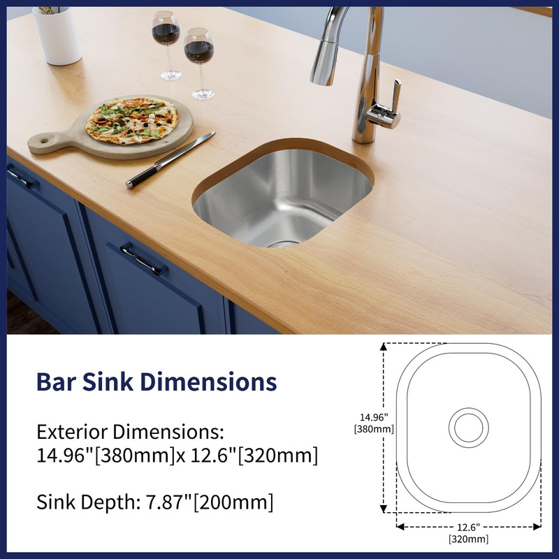 MONSINTA Bar Sink, 15 Inch Undermount Kithcen Sink, 15" x