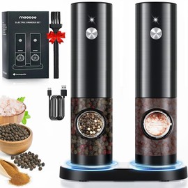 Stainless Steel Electric Salt and Pepper Grinder Set with Rechargeable Base & LED Light - Automatic Refillable Pepper Mill Shakers 2 Pack - Adjustable Coarseness, One-Hand Operation for Kitchen, Black