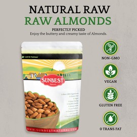 Sunbest Natural - Whole Raw Almonds, Unroasted & Unsalted Nuts for Cooking & Baking Nuts & Seeds On-the-Go, Non-GMO & Kosher Almond Nuts Bulk in Resealable Bag, 3 Lbs