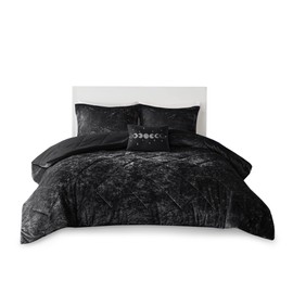 Intelligent Design Queen Duvet Cover Set, Velvet Queen Duvet Set, Luxury Diamond Quilting Black Duvet Cover, Fluffy Duvet Cover with Decorative Pillow and 2 Shams, 4 Pieces, Black, Full/Queen