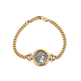 GUBIREF Ancient Greek mythology, Silver Coin Bracelet, 18K Gold Plated, Sterling Silver Goddess Fortuna Coin Bracelet for Women, Gift for Good Luck.