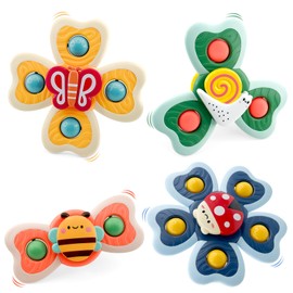 4 Stück Saugnapf Spielzeug Baby,Badespielzeug Baby ab 3 Monate,Förderung von Motorik und Sensorik,Sicheres Badewannenspielzeug Babys,Saugnapf Spinner Spielzeug 1-3 Geburtstagsgeschenk
