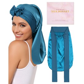AWAYTR 100% Mulberry Silk Bonnet - Long Hair Cap for Sleeping Tie Band Bonnet for Braids Curly Hair (Peacock Blue)