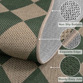 Rugalia Easy Jute Checkered Entryway Rug, 2x3 Green Modern Indoor Outdoor Doormat, Washable Non-Slip Neutral Small Kitchen Rug Farmhouse Diamond Throw Rugs for Entrance Bedroom Bathroom