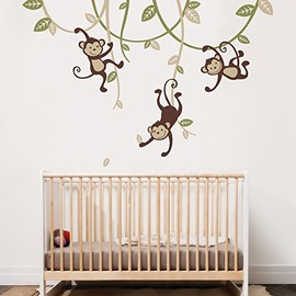 Simple Shapes 3 Monkeys Swinging from Vines Wall Decal - Scheme C