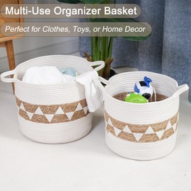 Cotton Rope & Straw Handwoven Foldable Laundry Hamper with Handles - Boho Chic Storage Basket for Blankets, Toys, and Clothes - Small & Large(Set of 2)