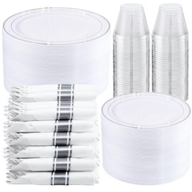 WELLIFE WELLIFE 350Pcs Silver Plastic Plates - Disposable Silverware, Include: 50 Dinner Plates 10.25, 50 Dessert Plates 7.5, 50 Silver Rim Cups 9 OZ, 50 Pre Rolled Napkins with Silver Silverware