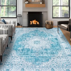 DECOMALL Kalina Washable Area Rugs 8x10ft, Bohemian Vintage Foldable Large Carpet for Living Room Bedroom, Blue White
