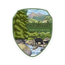 Die Cut Sticker Asheville, North Carolina, Black Bears and Stream, Contour Vinyl Sticker 1 to 3 inches (Waterproof Decal for Cars, Water Bottles, Laptops, Coolers), Small