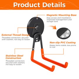 Wukong Large Magnetic Wall Hooks for Garage - No Drilling Required with 70 mm Rubberised Magnets Heavy Duty Double Hooks for Ladder, Chair, Hose, Bicycles, Power Tools Bulky