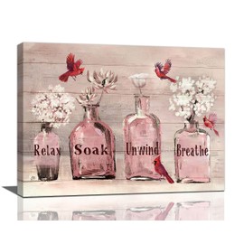 Farmhouse Pink Flower Bathroom Decor Wall Art Rustic Floral Cardinal Fashion Bathroom Pictures Wall Decor Relax Soak Unwind Sign Canvas Painting Prints Artwork Decorations Framed for Bathroom 24"x16"