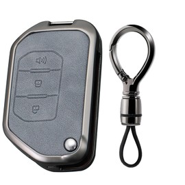 SANRILY Gray Metal Leather 3 Button Flip Key Fob Cover Compatible with Wrangler JL JLU Gladiator JT Rubicon Sahara JLU 2018-2022 Keyless Key Holder with Keychain C