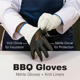 BBQ Gloves 2 Cotton Glove Liners and 100 Disposable Gloves Washable Cotton Liners Powder Latex Free Nitrile Gloves (Black) (Black, XL)