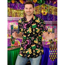 Mens Mardi Gras Shirt Button Down Collar Tops Mask Fleur De Lis Beads Jester Hat Printed Clothes, Black, XXX-Large