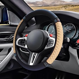 ZIMISI Bling Soft Leather Steering Wheel Cover, 15" Anti-Slip Sparkly Crystal Auto Elastic Steering Wheel Protector for Women Girl, Colorful Diamond Car Interior Accessory for Most Cars (Beige)