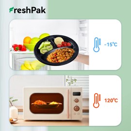 FRESHPAK Reusable Plastic Plates, 3 Compartment Black Dinner Plates Heavy Duty Microwave Safe Plates BPA Free Convenience MFPP Party Plates