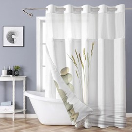 Shellspace No Hook 3 in 1 Shower Curtain with Snap in Liner, Pebbles Shower Curtain Set with See Through Top Window, Machine Washable Waterproof Polyester Fabric Bath Curtain, 71 x 74 in