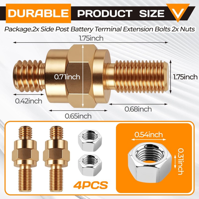 Side Post Battery Terminal Bolt 2 Set 3/8"-16&3/8"-24 Brass Standard