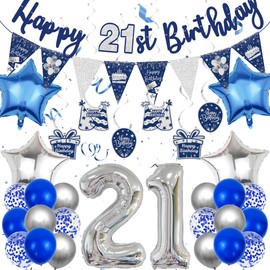 21 Geburtstag Deko Blau Silber - 21. Geburtstag Dekoration für Junge und Mädchen, Happy Birthday Girlande, Wimpelkette, Hängende Wirbel, Luftballons zum 21. Geburtstag