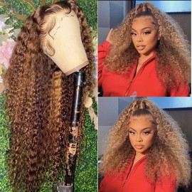 Smavida Ombre 13x4 HD Lace Front Wigs Human Hair Pre Plucked 4/27 Honey Blonde Highlight Water Wave Lace Frontal Wig for Women 180% Density Deep Curly Glueless Wigs Human Hair