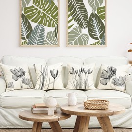 ZWJD Decorative Linen Cushion Cover 45x45 Set of 4 Floral Watercolor Painting Cushion Covers for Sofa Bedroom Sofa Outdoor Cushion 45x45 A255-18