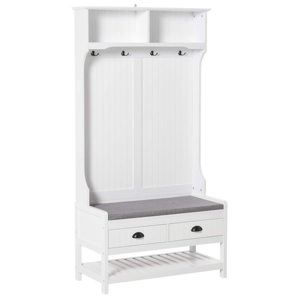 HOMCOM 3-in-1 Hall Tree, Entryway Bench with Coat Rack, Mudroom Bench with Shoe Rack, 2 Storage Drawers, 4 Hooks and Padded Seat Cushions for Hallway, White