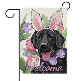 Dyrenson Welcome Easter Black Labrador Dog Decorative Garden Flag, Tulip Flower Yard Outside Home Decorations Pet Lover Gift, Spring Burlap Outdoor Small Decor Double Sided 12 x 18
