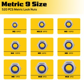 Locknuts Assortment Kit,M2 M2.5 M3 M4 M5 M6 M8 M10 M12 520PCS Metric Nylon Insert Lock Nuts Set,304 Stainless Steel (520, Silver, Lock Nuts Assortment Kit)