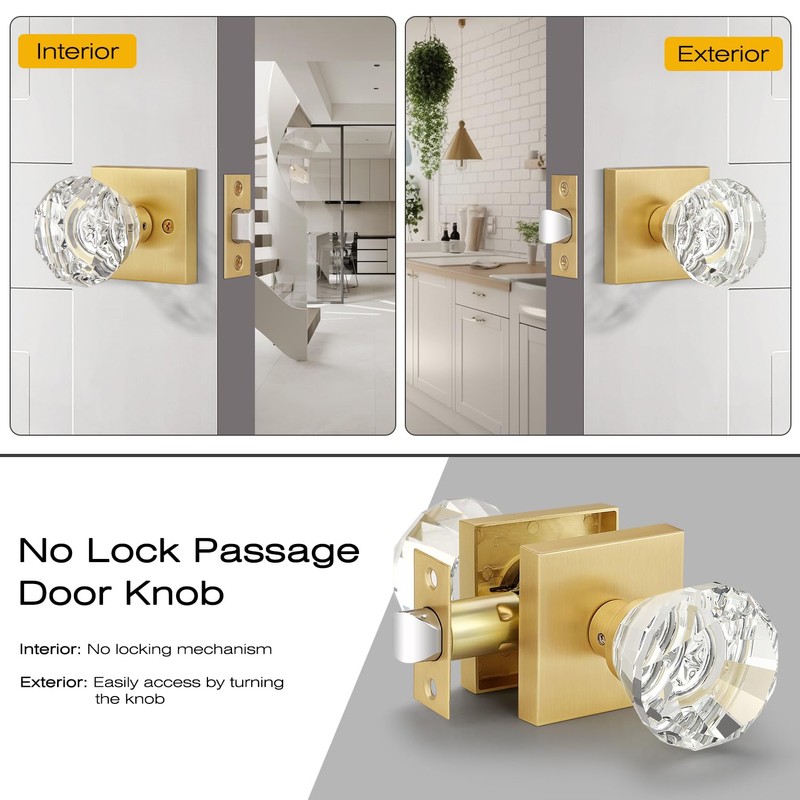 EHOMEWARE Hall/Closet Passage Door Knobs, 2 Pack Brass Crystal Handles,