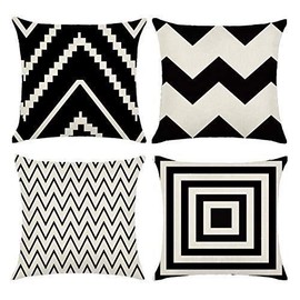 4 Pack Square Decorative Throw Pillows Cushion Covers Cotton Linen Black& Beige Stripes Modern Geometry Print Home Pillowcases 45 x 45cm