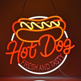 JOMOBUTY Hot Dog Neon Sign for Wall Decor LED Light up Sign Business Signage for Home Kitchen Restaurant Bar Cafe Fast Food Shop Gift 14.6" x 12.6" Led Art Wall Hanging Decorative Lights