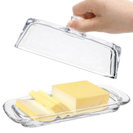 Hedume Set of 2 Glass Butter Dish with Handled Lid, Classic Clear 2-Piece Design Butter Keeper, Food Safe and Dishwasher Safe Standard Size of Butter Dish
