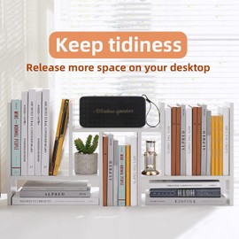 Meikuler Desktop Shelf Organizer, Adjustable Wood Display Desk Shelf, Office Storage Rack Tabletop Bookshelf Multipurpose Shelves for Home Decor, Office, Gifts (Solid White)