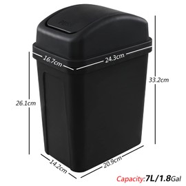 Jekiyo 7 L Small Plastic Garbage Can, Trash Can with Swing Lid, Black