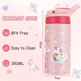 flintronic 350ml/12oz Kids Water Bottle Stainless Steel with Straw, Vacuum Insulated Water Bottles, BPA Free, Flip Sports Water Bottle,Metal Leakproof Small Flask for Boys Girls Toddler Children