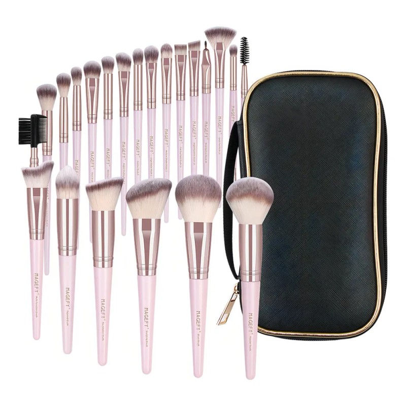 Set 22 Brochas De Maquillaje Profesional Con Cosmetiqueras Color Rosa