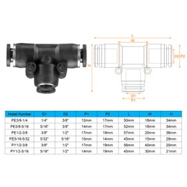 HARFINGTON 5pcs Push to Connect Fittings 1/4 Inch Tube OD x 5/32 Inch OD, Tee Plastic Quick Connect Air Hose Pneumatic Fitting Kit Reducing 3 Ways Push Lock Connector PY5/32-1/4, Black