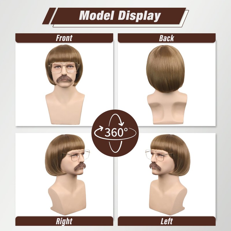 FantaLook Short Straight 60 70s Bowl Cut Funny Wig with