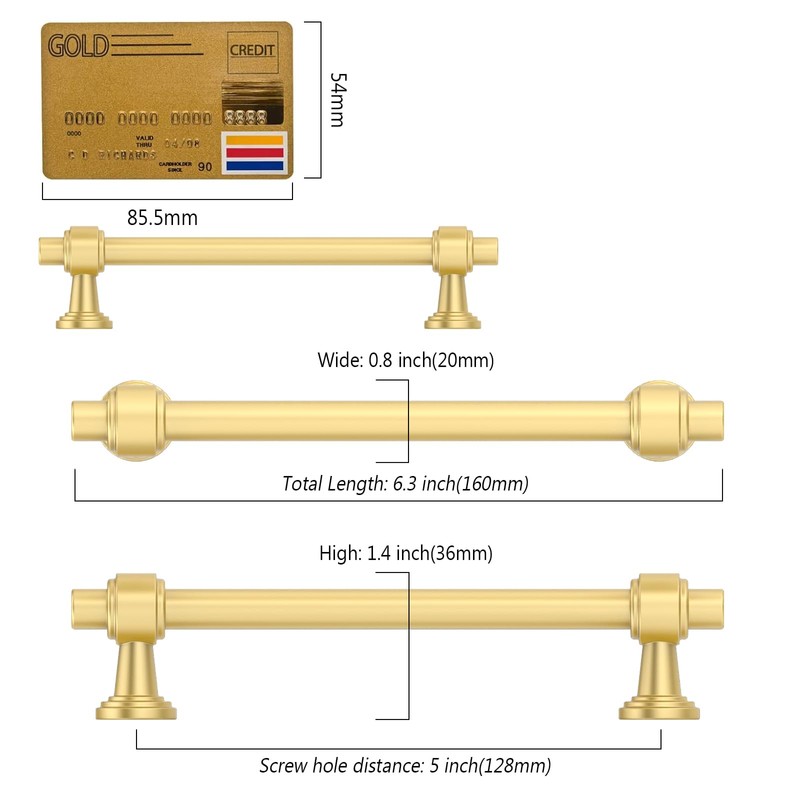 Amerdeco 10 Pack Brushed Gold Cabinet Pulls 5 Inch(128mm) Hole