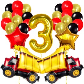 Construction Balloons 3rd Birthday Decorations - 26 Pcs, Giant Gold Number 3 Balloons, 40 Inch | Big 32 Inch Construction Truck Balloons | Digger Construction 3rd Birthday Party Decorations for Boys