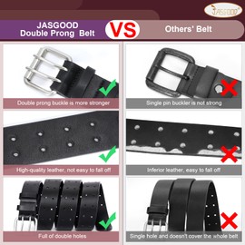 JASGOOD Men Double Prong Leather Belt Casual Work Heavy Duty Belt Double Grommet Holes Belt for Jeans (Black,Suit for Waist Size Below 38")
