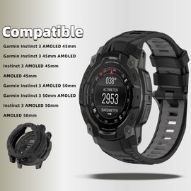 QHBAMD Compatible with Garmin Instinct 3 AMOLED 45mm/50mm Watch Bands - Sleek Silicone Strap with Protective Case, Waterproof and Adjustable for Men Women (Black,50MM)
