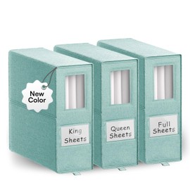 Bed Sheet Organizer 3-Pack with Window - Foldable Linen Closet Storage for Queen & King Sheets, Room Decor, Sheet Set Folder Keeper, Space-Saving Containers for Bed Sheets - Teal