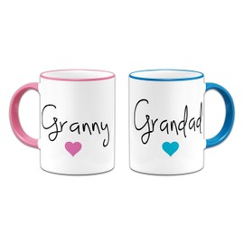 Pair of Granny & Grandad Lovely (Heart) Novelty Gift Mugs - Pink & Blue Handle/Rim