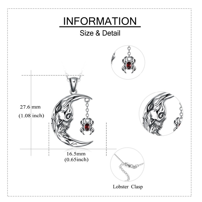 MONGAS Skull Necklace Sterling Silver Skull Moon Pendant Gothic Jewelry