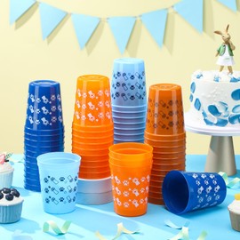 MotiMind 48 Pcs Blue Dog Birthday Party Supplies Reusable 16 oz Plastic Cups Bulk Paw Print Fun Drinkware Cartoon Themed Cups Orange Blue Dog Party Decorations for Baby Shower Birthday