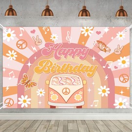 Groovy Birthday Party Banner Backdrop, Boho Happy Birthday Banner Rainbow Daisy Floral Retro Hippie Birthday Party Decorations Photography Background, Happy Birthday Party Backdrop, 72X44IN