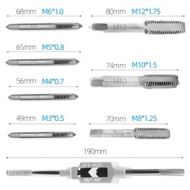 Manual Screw Tap, Tap Set, Screw Taps, 8 Pieces, M3-M12, Mini Tap Set with Tap Handle, Reverse Tap, Tool Set, High Speed Steel Screw Hand Tap, Steel, Abrasion Resistant, For Manual Threading, Drilling, and Thread Repair [Stringer (1 piece), Thread Tap (7 pieces)