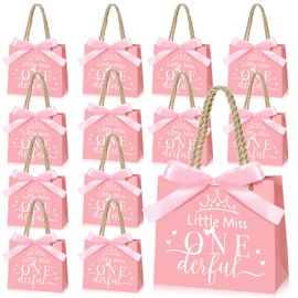 Saypacck 25 Pcs Miss Onederful Gift Bags 1st Birthday Party Favors Wonderful 1st Birthday Girl Gift Bags with Handles Baby 1st Birthday Decorations Treat Bag, 5.51 x 2.36 x 4.72 Inches, Pink
